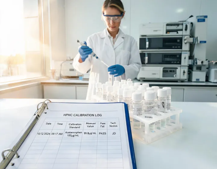 Lab scientist preparing samples beside HPLC stack